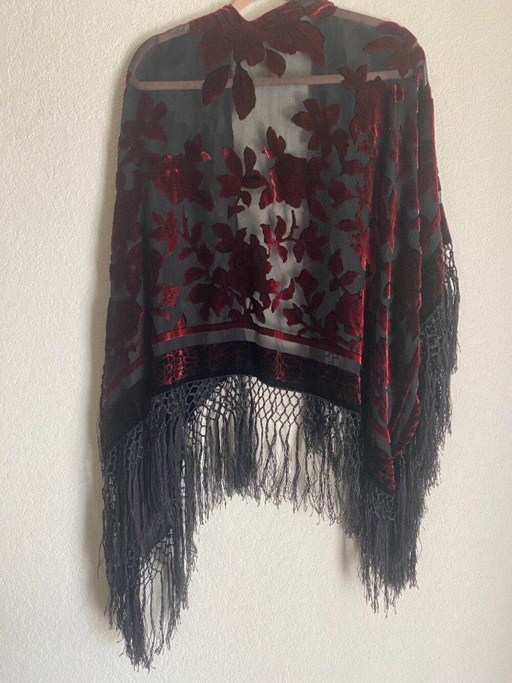 Silk Gothic Romantic Burgundy Red Velvet Floral Sheer Shawl Wrap Macrame Fringe - Picture 6 of 10